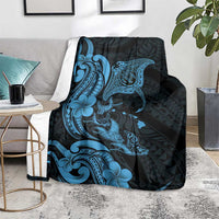 Hawaiian Manta Rays Blanket Tribal Hibiscus Polynesian Tattoos Blue Color LT03 - Polynesian Pride