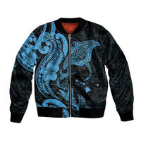 Hawaiian Manta Rays Bomber Jacket Tribal Hibiscus Polynesian Tattoos Blue Color - Polynesian Pride