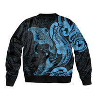 Hawaiian Manta Rays Bomber Jacket Tribal Hibiscus Polynesian Tattoos Blue Color - Polynesian Pride