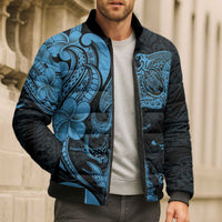 Hawaiian Manta Rays Bomber Puffer Jacket Tribal Hibiscus Polynesian Tattoos Blue Color LT03 - Polynesian Pride