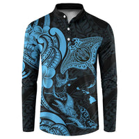 Hawaiian Manta Rays Button Sweatshirt Tribal Hibiscus Polynesian Tattoos Blue Color - Polynesian Pride