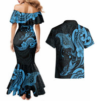 Hawaiian Manta Rays Couples Matching Mermaid Dress and Hawaiian Shirt Tribal Hibiscus Polynesian Tattoos Blue Color - Polynesian Pride