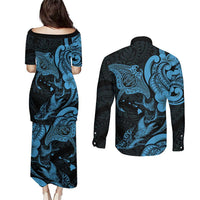 Hawaiian Manta Rays Couples Matching Puletasi and Long Sleeve Button Shirt Tribal Hibiscus Polynesian Tattoos Blue Color - Polynesian Pride