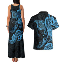 Hawaiian Manta Rays Couples Matching Tank Maxi Dress and Hawaiian Shirt Tribal Hibiscus Polynesian Tattoos Blue Color - Polynesian Pride