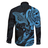 Hawaiian Manta Rays Family Matching Long Sleeve Bodycon Dress and Hawaiian Shirt Tribal Hibiscus Polynesian Tattoos Blue Color - Polynesian Pride