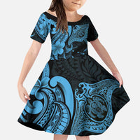 Hawaiian Manta Rays Family Matching Mermaid Dress and Hawaiian Shirt Tribal Hibiscus Polynesian Tattoos Blue Color LT03 Daughter's Dress Blue - Polynesian Pride