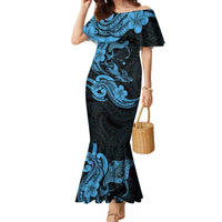 Hawaiian Manta Rays Family Matching Mermaid Dress and Hawaiian Shirt Tribal Hibiscus Polynesian Tattoos Blue Color LT03 Mom's Dress Blue - Polynesian Pride