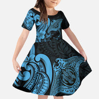 Hawaiian Manta Rays Family Matching Off The Shoulder Long Sleeve Dress and Hawaiian Shirt Tribal Hibiscus Polynesian Tattoos Blue Color - Polynesian Pride