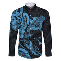 Hawaiian Manta Rays Family Matching Off Shoulder Maxi Dress and Hawaiian Shirt Tribal Hibiscus Polynesian Tattoos Blue Color - Polynesian Pride