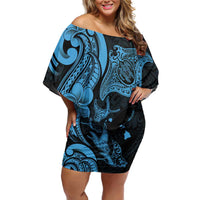 Hawaiian Manta Rays Family Matching Off Shoulder Short Dress and Hawaiian Shirt Tribal Hibiscus Polynesian Tattoos Blue Color - Polynesian Pride