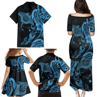 Hawaiian Manta Rays Family Matching Puletasi and Hawaiian Shirt Tribal Hibiscus Polynesian Tattoos Blue Color - Polynesian Pride