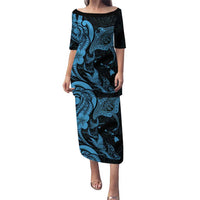 Hawaiian Manta Rays Family Matching Puletasi and Hawaiian Shirt Tribal Hibiscus Polynesian Tattoos Blue Color - Polynesian Pride