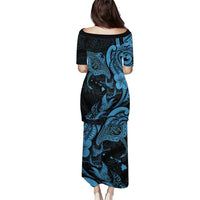 Hawaiian Manta Rays Family Matching Puletasi and Hawaiian Shirt Tribal Hibiscus Polynesian Tattoos Blue Color - Polynesian Pride
