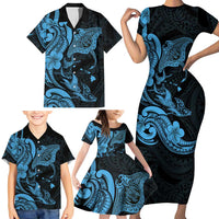 Hawaiian Manta Rays Family Matching Short Sleeve Bodycon Dress and Hawaiian Shirt Tribal Hibiscus Polynesian Tattoos Blue Color - Polynesian Pride