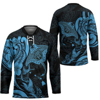 Hawaiian Manta Rays Hockey Jersey Tribal Hibiscus Polynesian Tattoos Blue Color - Polynesian Pride