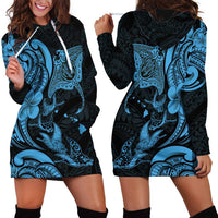 Hawaiian Manta Rays Hoodie Dress Tribal Hibiscus Polynesian Tattoos Blue Color - Polynesian Pride