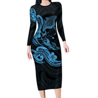 Hawaiian Manta Rays Long Sleeve Bodycon Dress Tribal Hibiscus Polynesian Tattoos Blue Color - Polynesian Pride