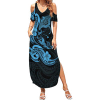 Hawaiian Manta Rays Summer Maxi Dress Tribal Hibiscus Polynesian Tattoos Blue Color LT03 Women Blue - Polynesian Pride