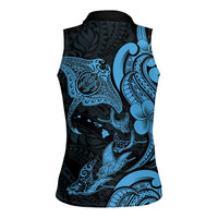 Hawaiian Manta Rays Women Sleeveless Polo Shirt Tribal Hibiscus Polynesian Tattoos Blue Color - Polynesian Pride