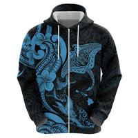 Hawaiian Manta Rays Zip Hoodie Tribal Hibiscus Polynesian Tattoos Blue Color - Polynesian Pride