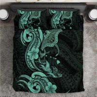 Hawaiian Manta Rays Bedding Set Tribal Hibiscus Polynesian Tattoos Turquoise Color - Polynesian Pride
