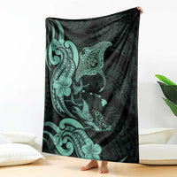 Hawaiian Manta Rays Blanket Tribal Hibiscus Polynesian Tattoos Turquoise Color LT03 - Polynesian Pride