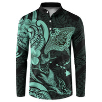 Hawaiian Manta Rays Button Sweatshirt Tribal Hibiscus Polynesian Tattoos Turquoise Color - Polynesian Pride