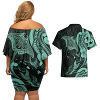 Hawaiian Manta Rays Couples Matching Off Shoulder Short Dress and Hawaiian Shirt Tribal Hibiscus Polynesian Tattoos Turquoise Color - Polynesian Pride