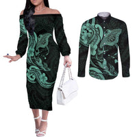 Hawaiian Manta Rays Couples Matching Off The Shoulder Long Sleeve Dress and Long Sleeve Button Shirt Tribal Hibiscus Polynesian Tattoos Turquoise Color - Polynesian Pride