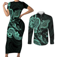 Hawaiian Manta Rays Couples Matching Short Sleeve Bodycon Dress and Long Sleeve Button Shirt Tribal Hibiscus Polynesian Tattoos Turquoise Color - Polynesian Pride