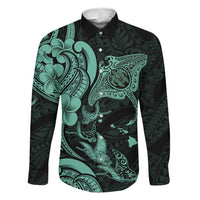 Hawaiian Manta Rays Family Matching Long Sleeve Bodycon Dress and Hawaiian Shirt Tribal Hibiscus Polynesian Tattoos Turquoise Color - Polynesian Pride