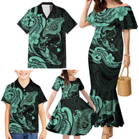 Hawaiian Manta Rays Family Matching Mermaid Dress and Hawaiian Shirt Tribal Hibiscus Polynesian Tattoos Turquoise Color - Polynesian Pride