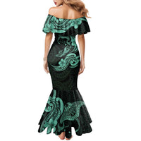 Hawaiian Manta Rays Family Matching Mermaid Dress and Hawaiian Shirt Tribal Hibiscus Polynesian Tattoos Turquoise Color - Polynesian Pride