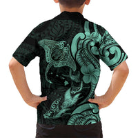 Hawaiian Manta Rays Family Matching Off The Shoulder Long Sleeve Dress and Hawaiian Shirt Tribal Hibiscus Polynesian Tattoos Turquoise Color - Polynesian Pride