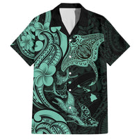 Hawaiian Manta Rays Family Matching Off The Shoulder Long Sleeve Dress and Hawaiian Shirt Tribal Hibiscus Polynesian Tattoos Turquoise Color - Polynesian Pride