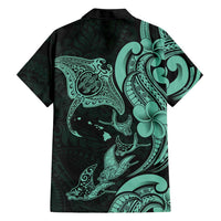 Hawaiian Manta Rays Family Matching Off Shoulder Maxi Dress and Hawaiian Shirt Tribal Hibiscus Polynesian Tattoos Turquoise Color - Polynesian Pride