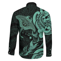 Hawaiian Manta Rays Family Matching Off Shoulder Maxi Dress and Hawaiian Shirt Tribal Hibiscus Polynesian Tattoos Turquoise Color - Polynesian Pride