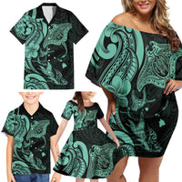 Hawaiian Manta Rays Family Matching Off Shoulder Short Dress and Hawaiian Shirt Tribal Hibiscus Polynesian Tattoos Turquoise Color - Polynesian Pride