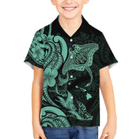 Hawaiian Manta Rays Family Matching Off Shoulder Short Dress and Hawaiian Shirt Tribal Hibiscus Polynesian Tattoos Turquoise Color - Polynesian Pride