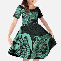 Hawaiian Manta Rays Family Matching Puletasi and Hawaiian Shirt Tribal Hibiscus Polynesian Tattoos Turquoise Color - Polynesian Pride