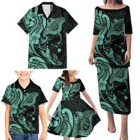 Hawaiian Manta Rays Family Matching Puletasi and Hawaiian Shirt Tribal Hibiscus Polynesian Tattoos Turquoise Color - Polynesian Pride