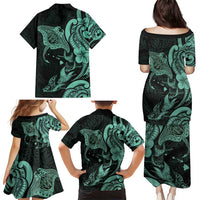 Hawaiian Manta Rays Family Matching Puletasi and Hawaiian Shirt Tribal Hibiscus Polynesian Tattoos Turquoise Color - Polynesian Pride