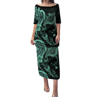 Hawaiian Manta Rays Family Matching Puletasi and Hawaiian Shirt Tribal Hibiscus Polynesian Tattoos Turquoise Color - Polynesian Pride