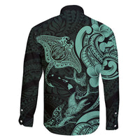 Hawaiian Manta Rays Family Matching Short Sleeve Bodycon Dress and Hawaiian Shirt Tribal Hibiscus Polynesian Tattoos Turquoise Color - Polynesian Pride