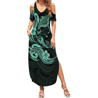 Hawaiian Manta Rays Family Matching Summer Maxi Dress and Hawaiian Shirt Tribal Hibiscus Polynesian Tattoos Turquoise Color - Polynesian Pride