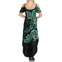 Hawaiian Manta Rays Family Matching Summer Maxi Dress and Hawaiian Shirt Tribal Hibiscus Polynesian Tattoos Turquoise Color - Polynesian Pride
