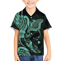 Hawaiian Manta Rays Family Matching Summer Maxi Dress and Hawaiian Shirt Tribal Hibiscus Polynesian Tattoos Turquoise Color - Polynesian Pride