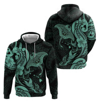 Hawaiian Manta Rays Hoodie Tribal Hibiscus Polynesian Tattoos Turquoise Color - Polynesian Pride
