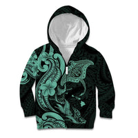 Hawaiian Manta Rays Kid Hoodie Tribal Hibiscus Polynesian Tattoos Turquoise Color - Polynesian Pride