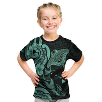 Hawaiian Manta Rays Kid T Shirt Tribal Hibiscus Polynesian Tattoos Turquoise Color LT03 Turquoise - Polynesian Pride